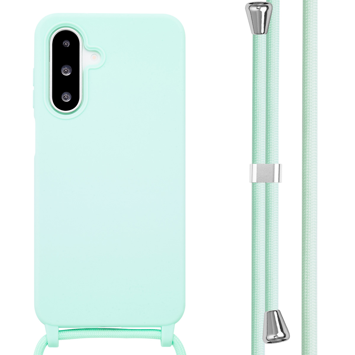 Mint green phone case with a mint green cord. The cord has silver metal attachments.