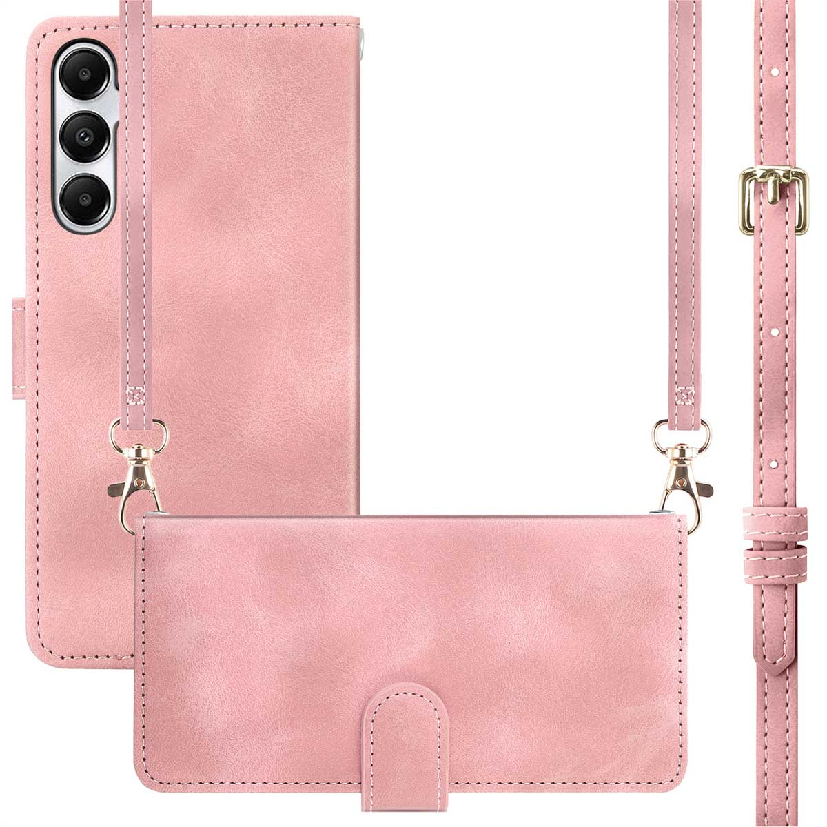 Roze telefoonhoesje met een riem. De hoes heeft uitsparingen voor camera's en knoppen. De riem heeft gouden sluitingen.