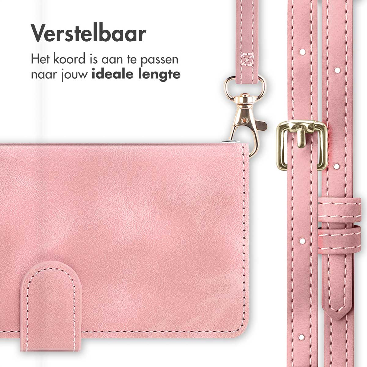 Roze telefoonhoes met verstelbare riem. De riem is roze en de gesp is goud.