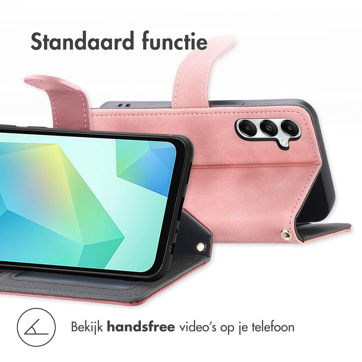 Roze telefoonhoes opent om een telefoon vast te houden. De hoes is een standaard. Tekst zegt, "Standaardfunctie".