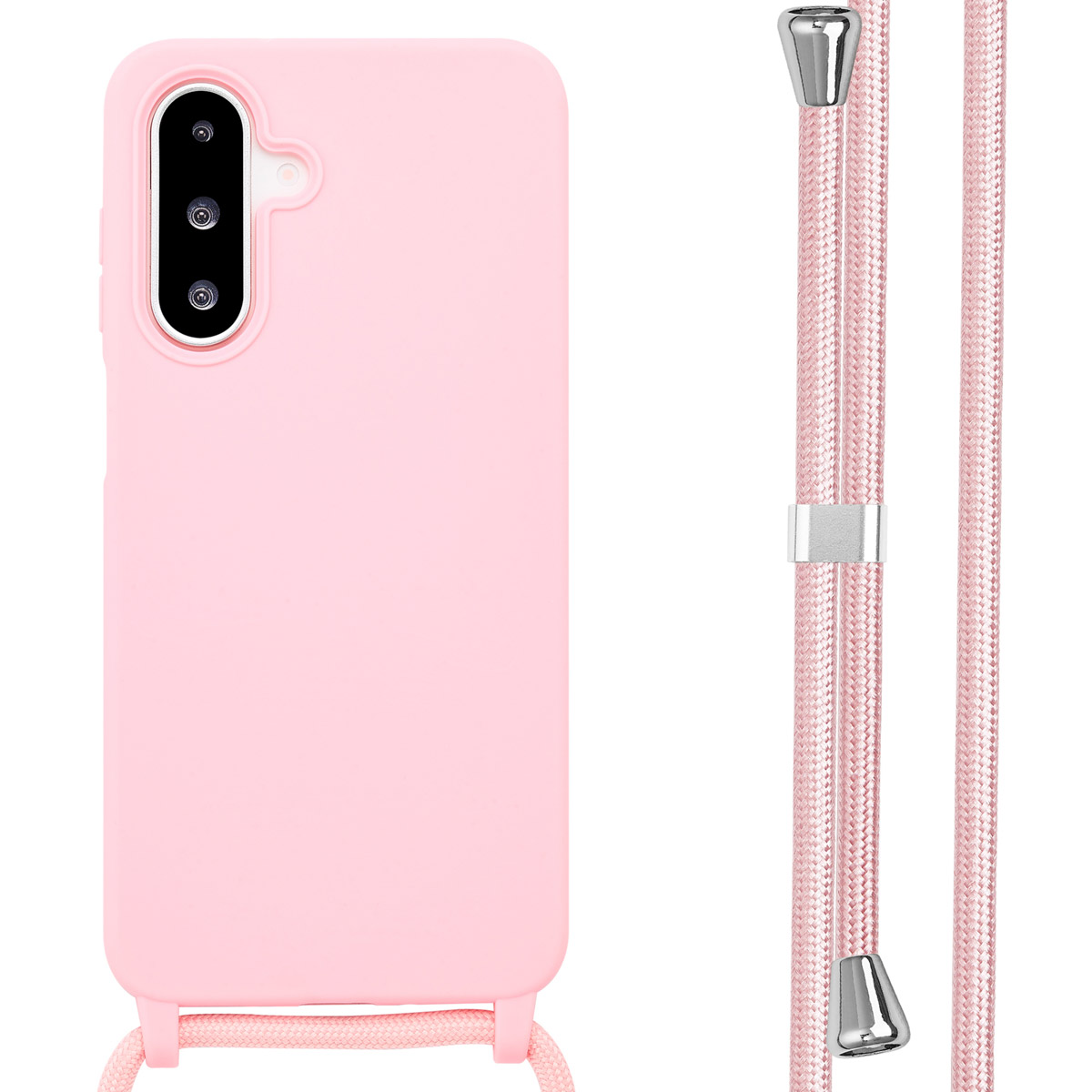 Pink phone case with a pink lanyard. The case has a phone inside, with the camera visible.