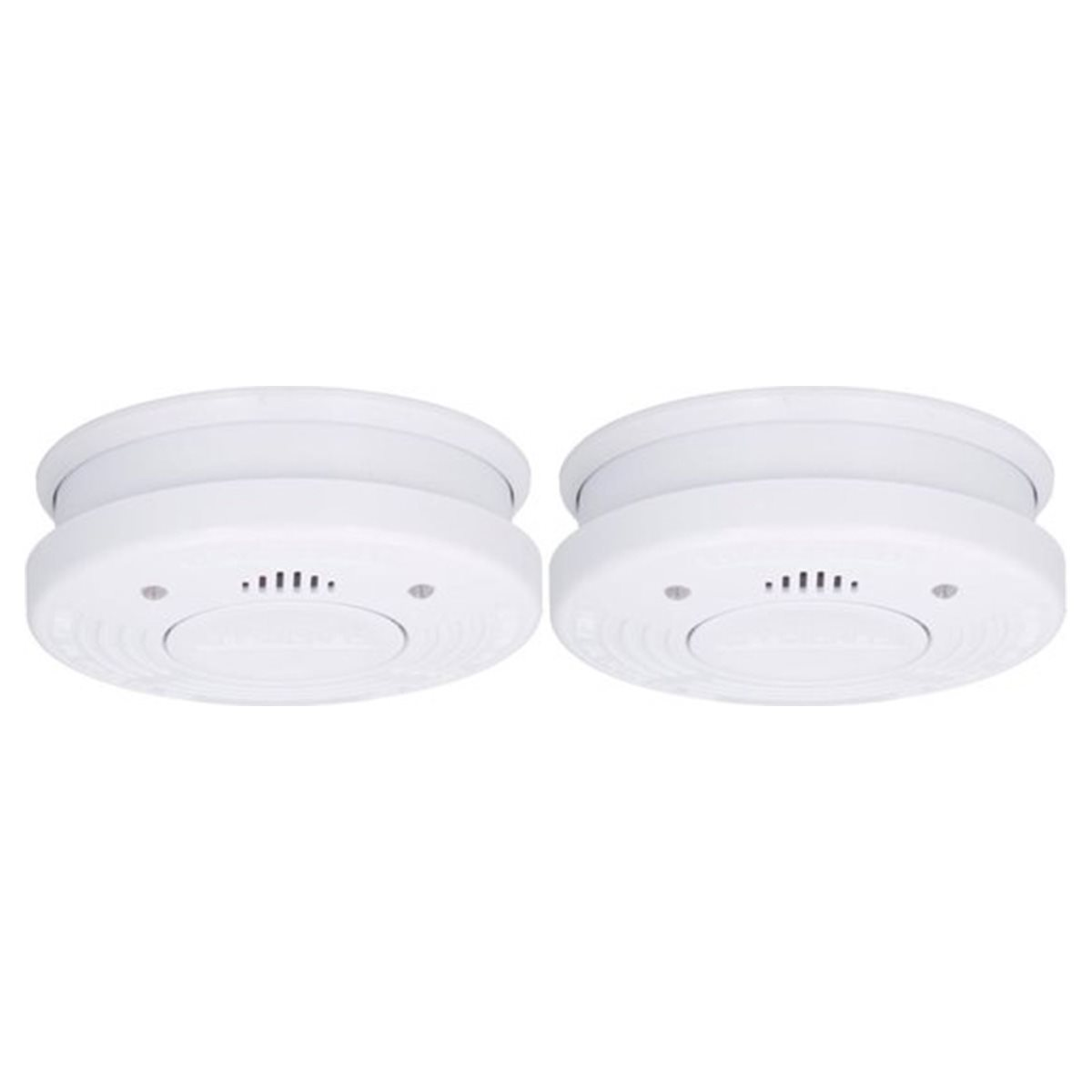 Two white smoke detectors with round design. Isolated on white background. Simple and modern.