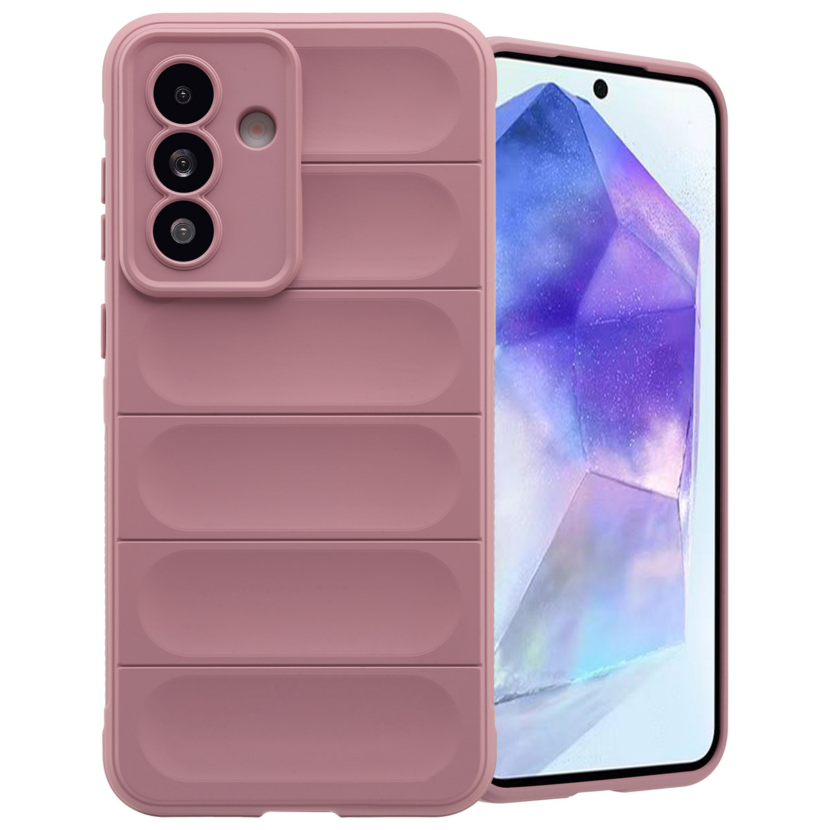Étui de téléphone rose avec des rainures horizontales et trois lentilles de caméra.
