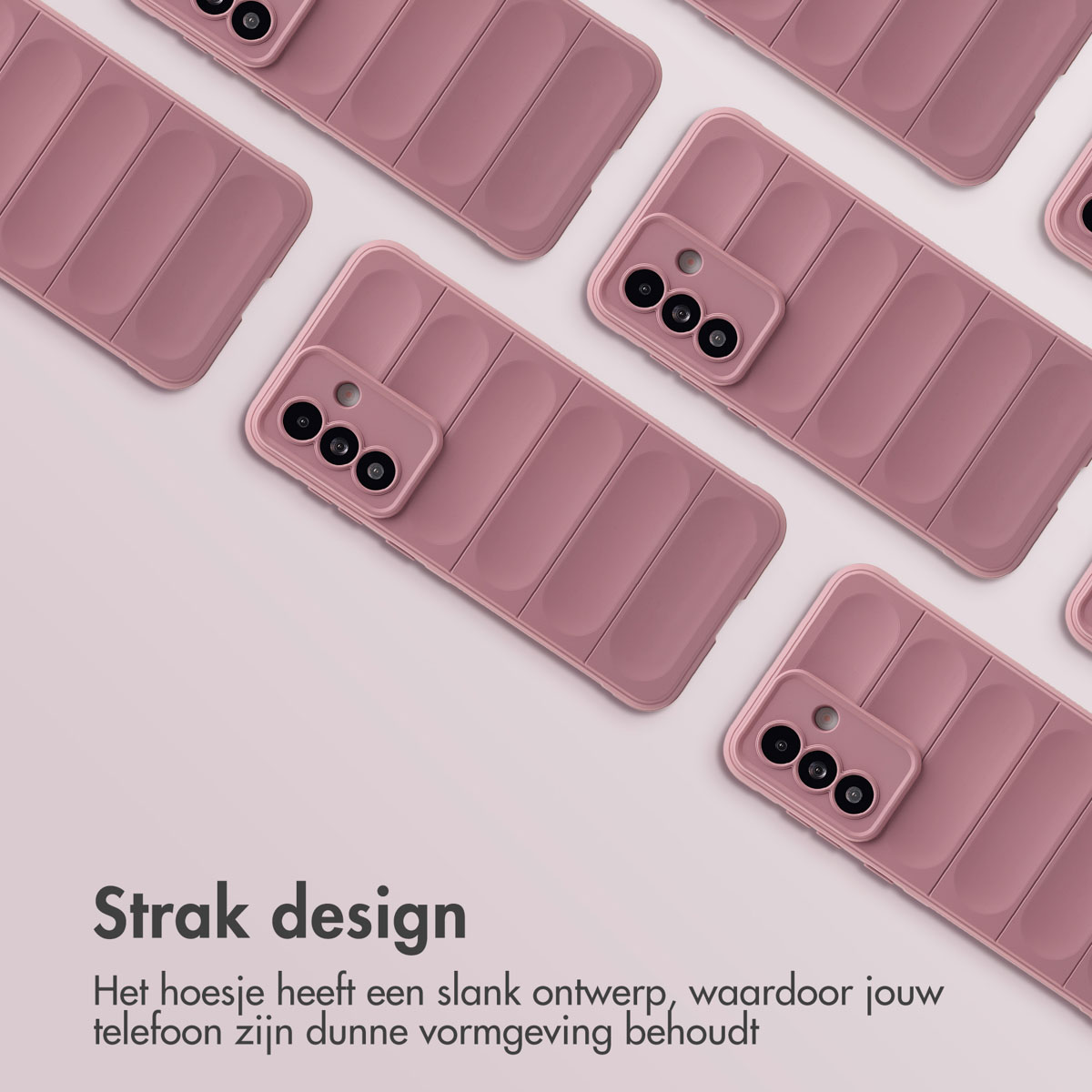 Plusieurs étuis de téléphone roses avec un design élégant, avec le texte 'Strak design' en dessous.