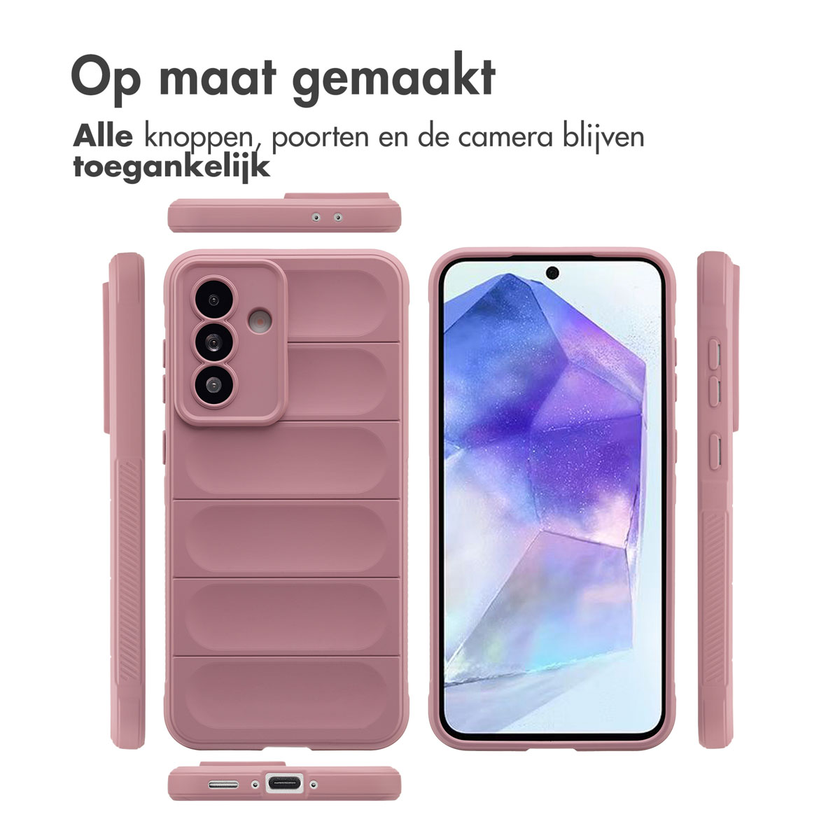 Coque de téléphone rose avec le téléphone à l'intérieur, avec plusieurs vues de la coque. Les boutons et les découpes de la caméra sont visibles.