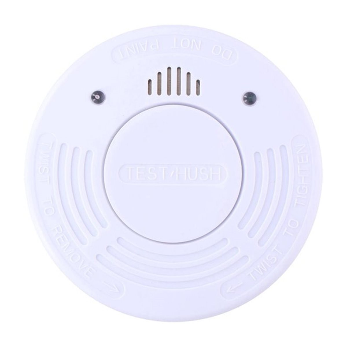 White smoke detector with a central button labeled TEST/HUSH and a series of small holes.