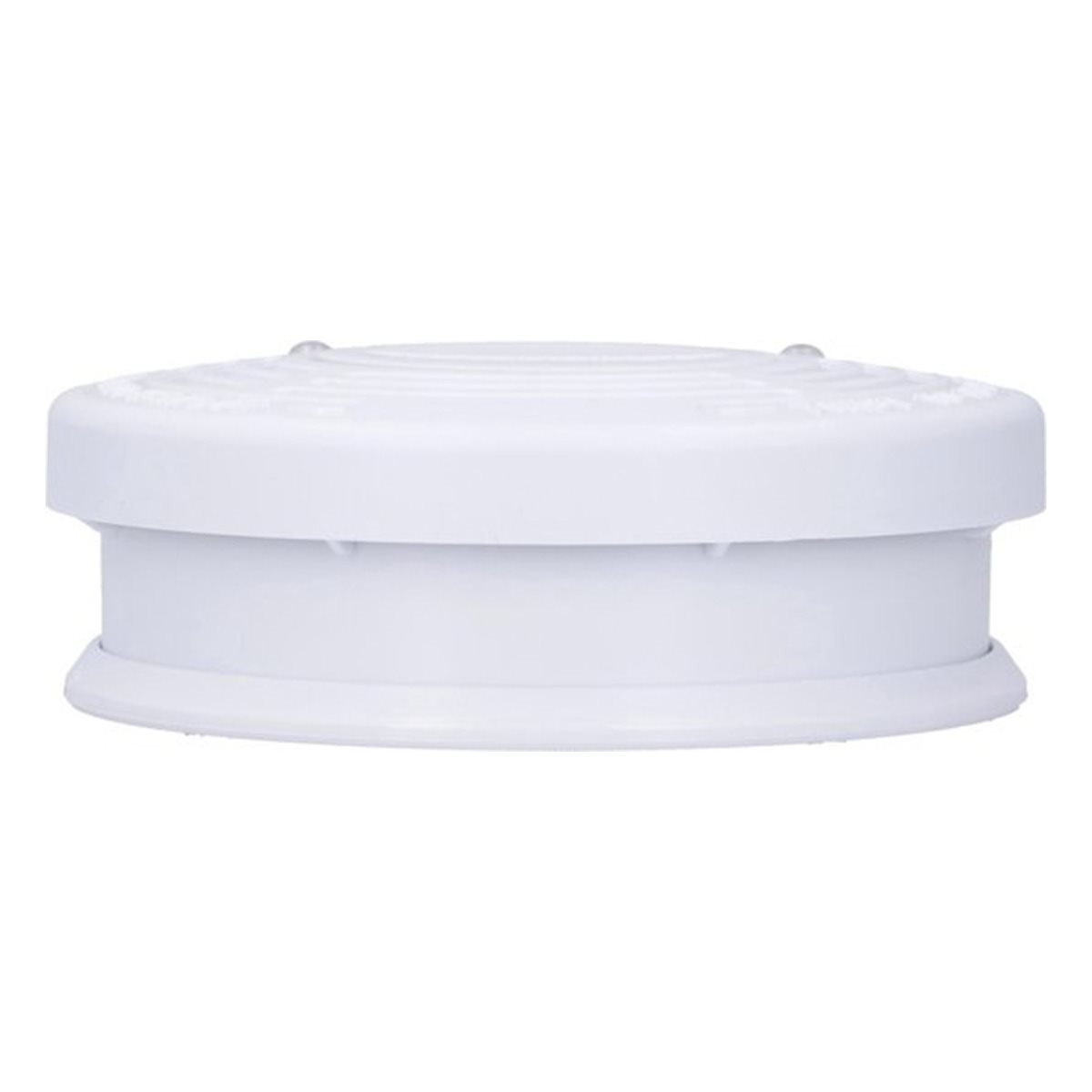A white smoke detector, circular, with a ridged top and a smooth, flat base, isolated on white.