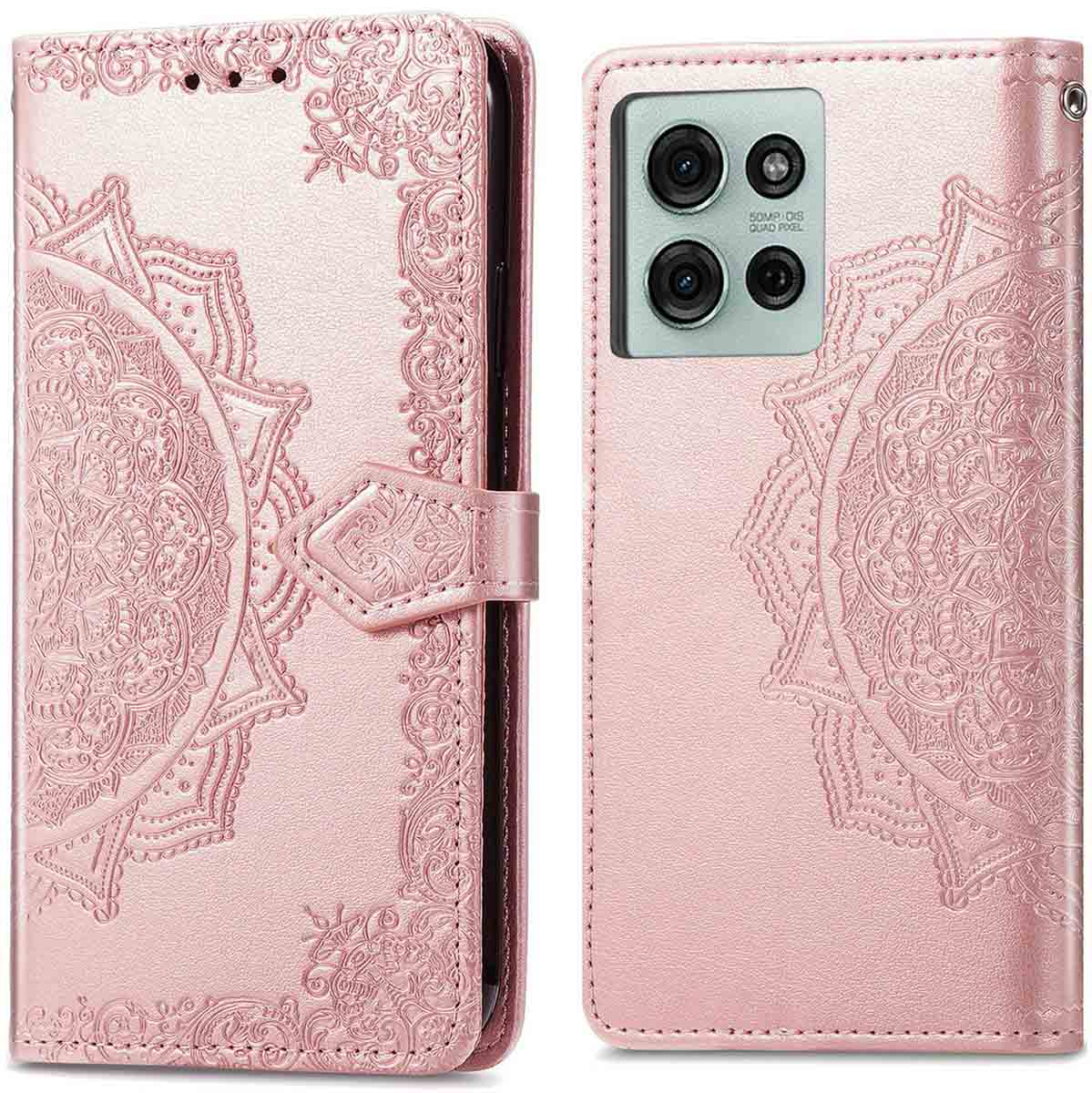 Roze telefoonhoes met mandala-ontwerp. Open, telefoon tonend.