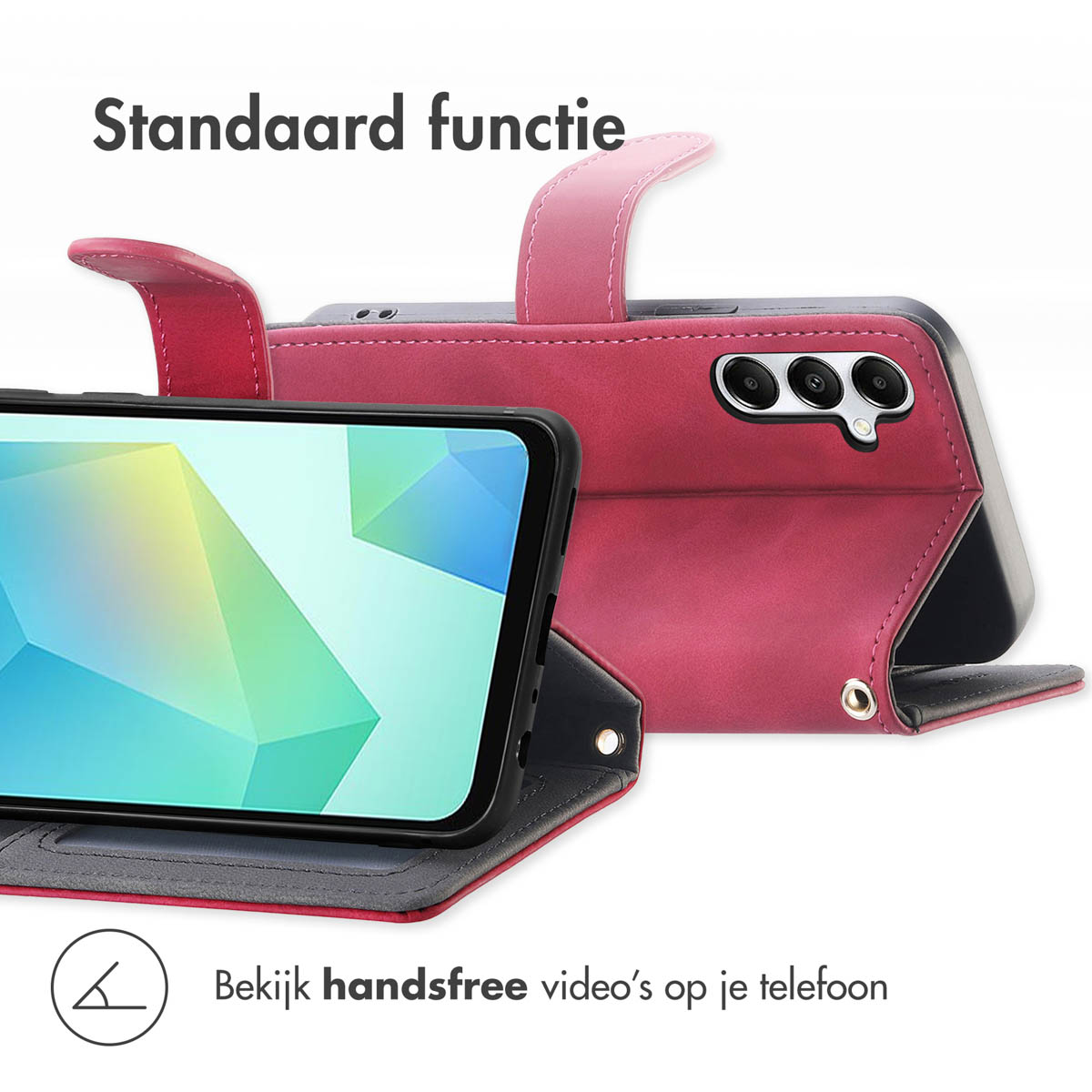 Rode telefoonhoes opgevouwen om de telefoon rechtop te tonen, met tekst in het Nederlands, handsfree videobewerking.