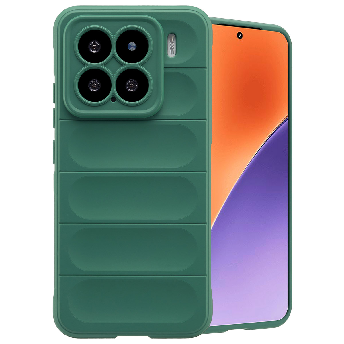 Coque de téléphone verte, l'étui est ouvert. Le téléphone est à l'intérieur de l'étui.