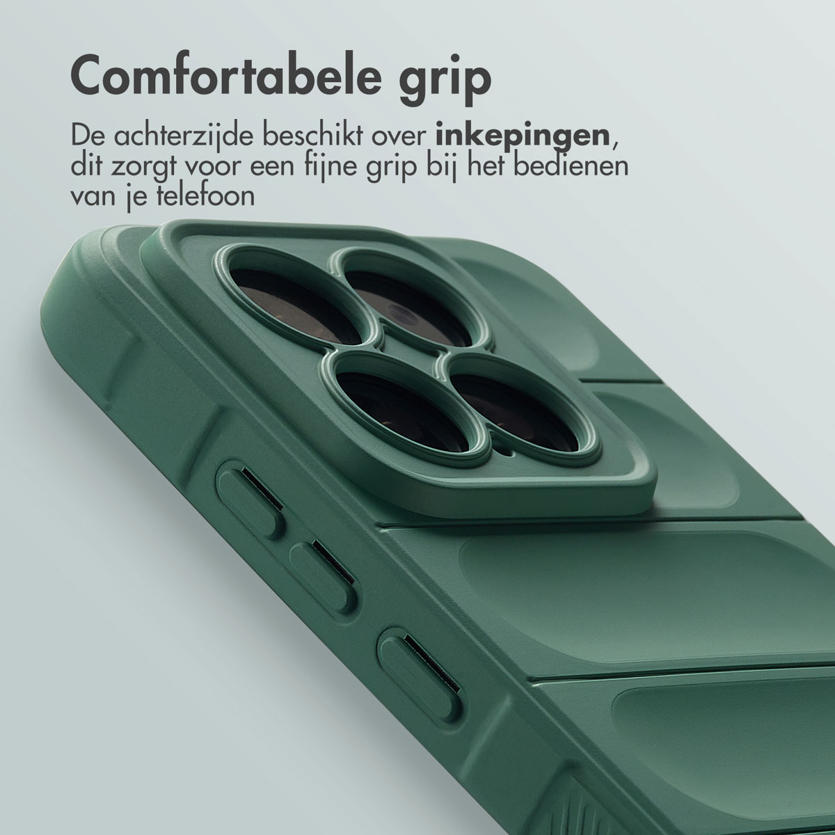 Coque de téléphone verte avec une prise en main confortable. L'arrière a des encoches pour une meilleure prise.