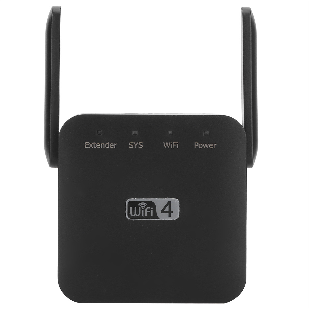 Schwarzer WLAN-Repeater mit zwei Antennen. Es hat vier Kontrollleuchten und ein WiFi 4 Logo.