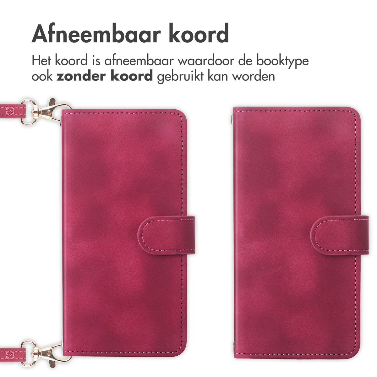 Rode telefoonhoes met afneembaar koord, open en gesloten weergave.