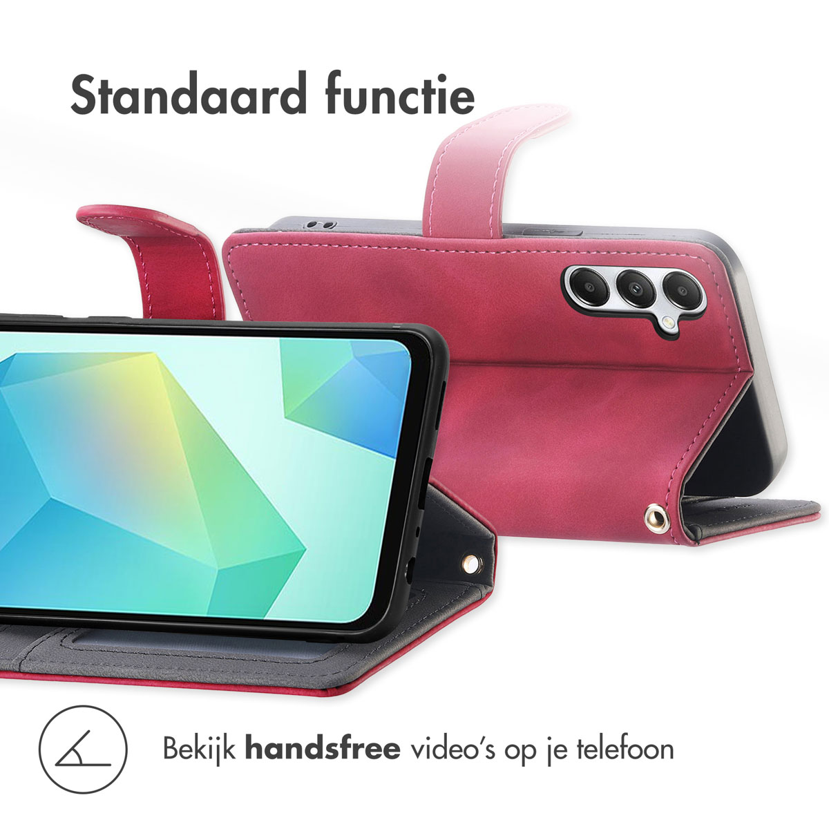 Rode telefoonhoes met standfunctie. Telefoon toont video. Open weergave.