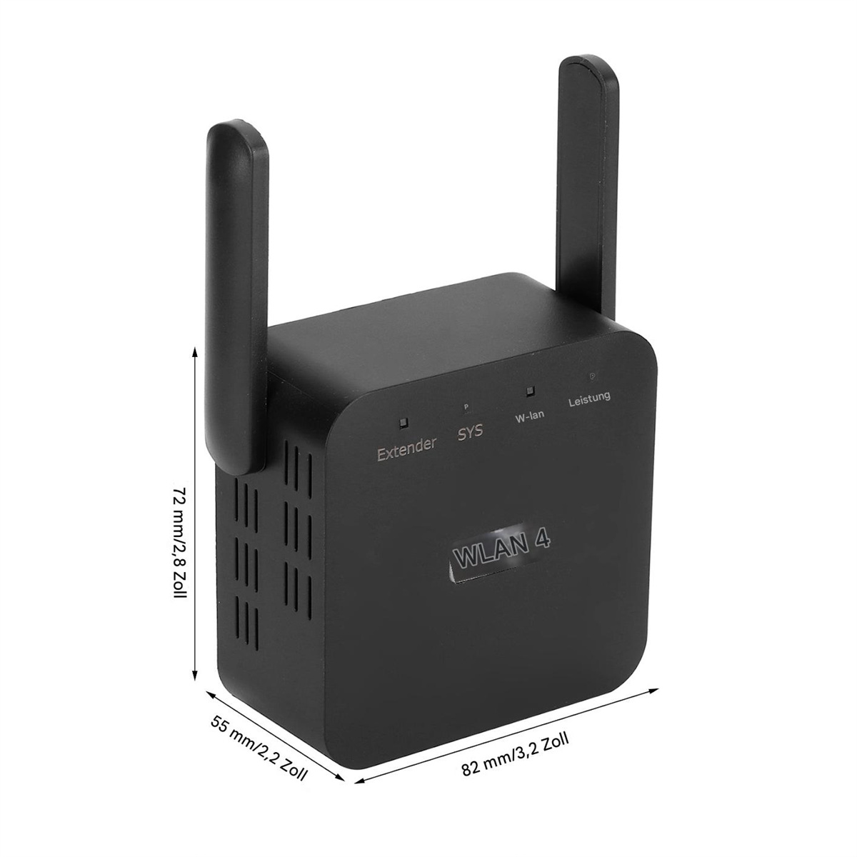 Ein schwarzer WLAN 4 Extender mit Antennen, Abmessungen in mm und Zoll angegeben.
