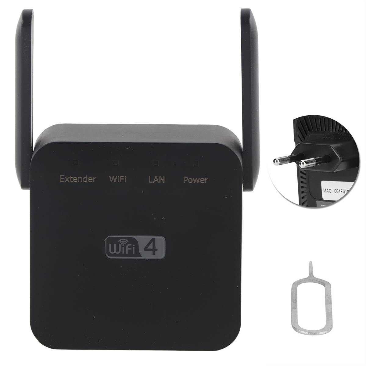 Schwarzer WiFi-Extender mit Antennen und Stecker. Zeigt Beschriftungen für WiFi, LAN und Power.