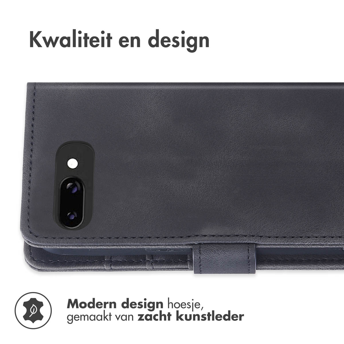 Donkerblauw telefoonhoesje met camera. Tekst: Kwaliteit en design. Modern design.
