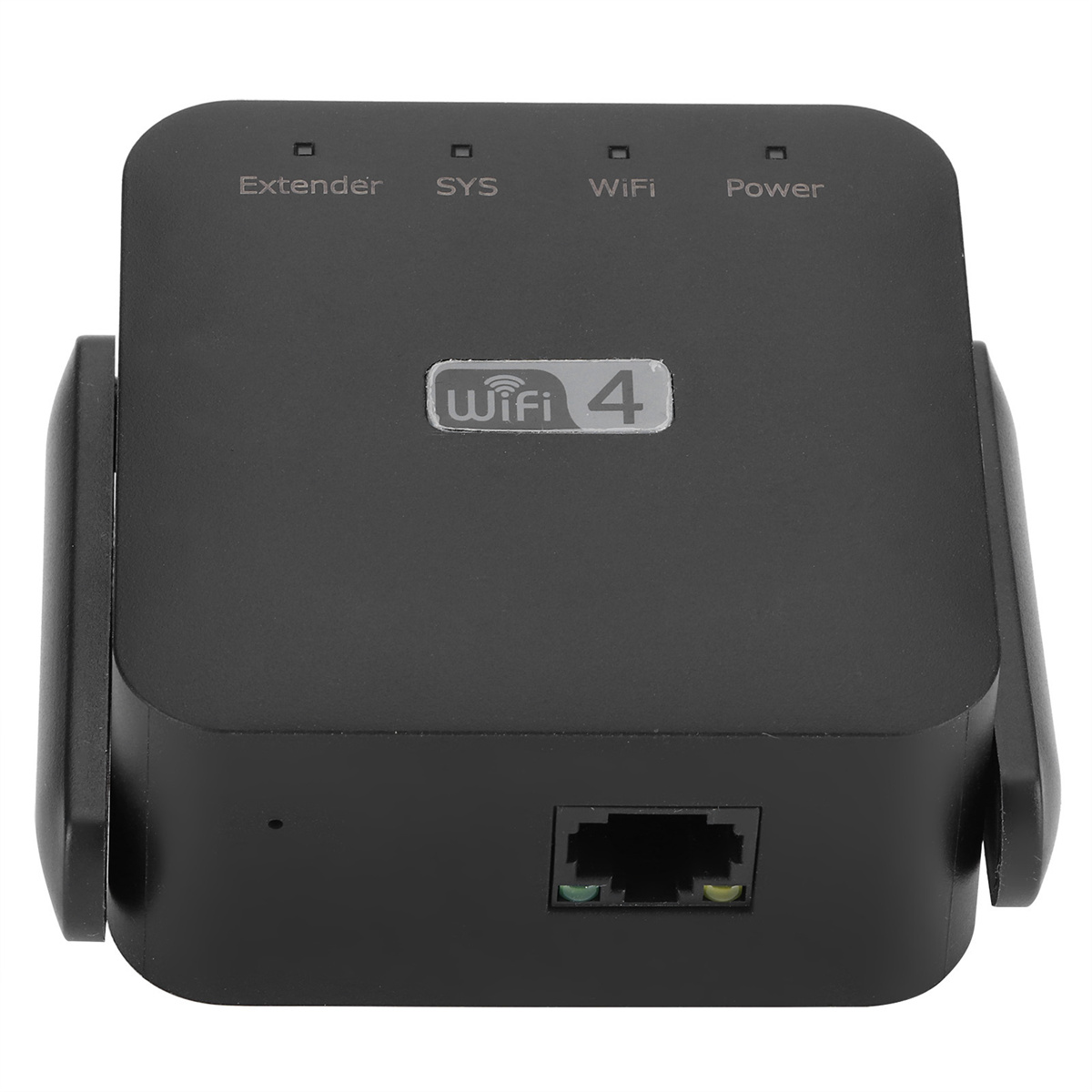 Schwarzer WiFi 4 Extender mit Etiketten oben und einem Ethernet-Anschluss.