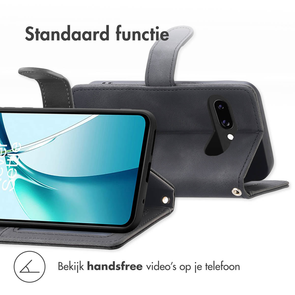 Grijze telefoonhoes opent om een telefoon vast te houden. De hoes is een standaard. Tekst zegt, "Standaardfunctie". Telefoon heeft een camera.