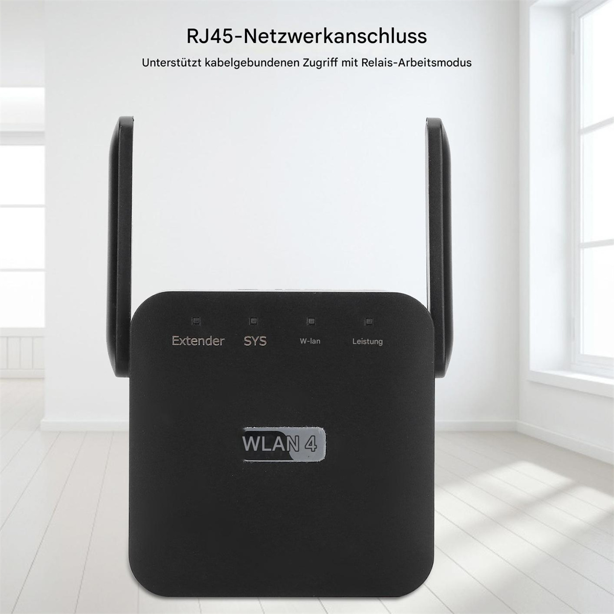 Ein schwarzer drahtloser WLAN-Extender mit zwei Antennen. Er steht auf einer weißen Oberfläche. Text: RJ45-Netzwerkanschluss.