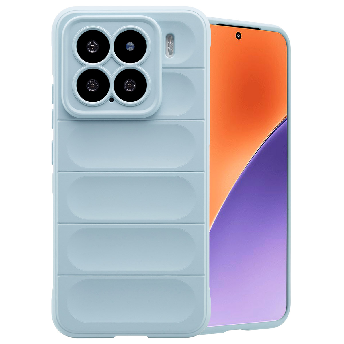 Étui de téléphone bleu clair avec téléphone. Le téléphone affiche un écran orange et violet.