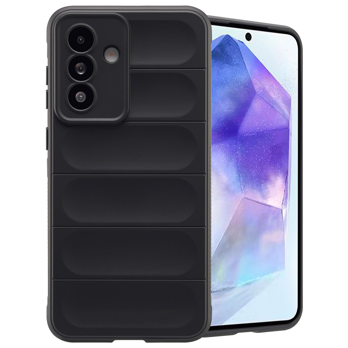 Zwart telefoonhoesje met horizontale ribbels en drie cameralenzen.