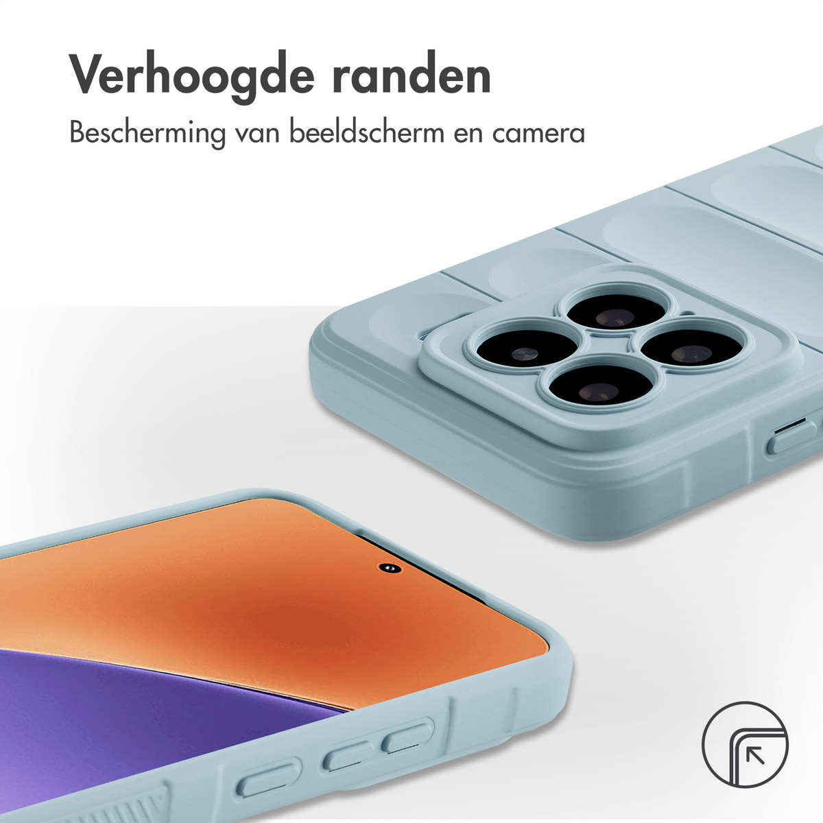 Gros plan sur un étui de téléphone bleu clair avec des bords surélevés. L'étui a un écran de téléphone.
