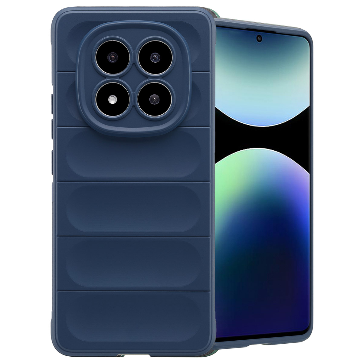 Blauw telefoonhoesje met camera en telefoon. Design met horizontale lijnen.