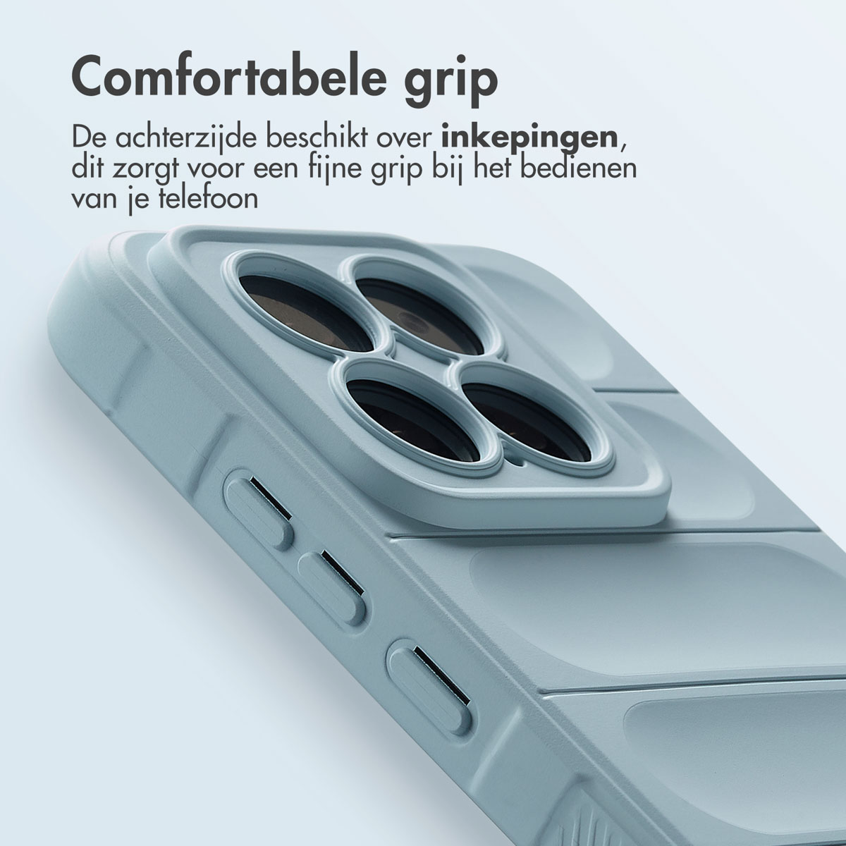 Coque de téléphone bleu clair avec une prise en main confortable. L'arrière a des encoches pour une meilleure prise.