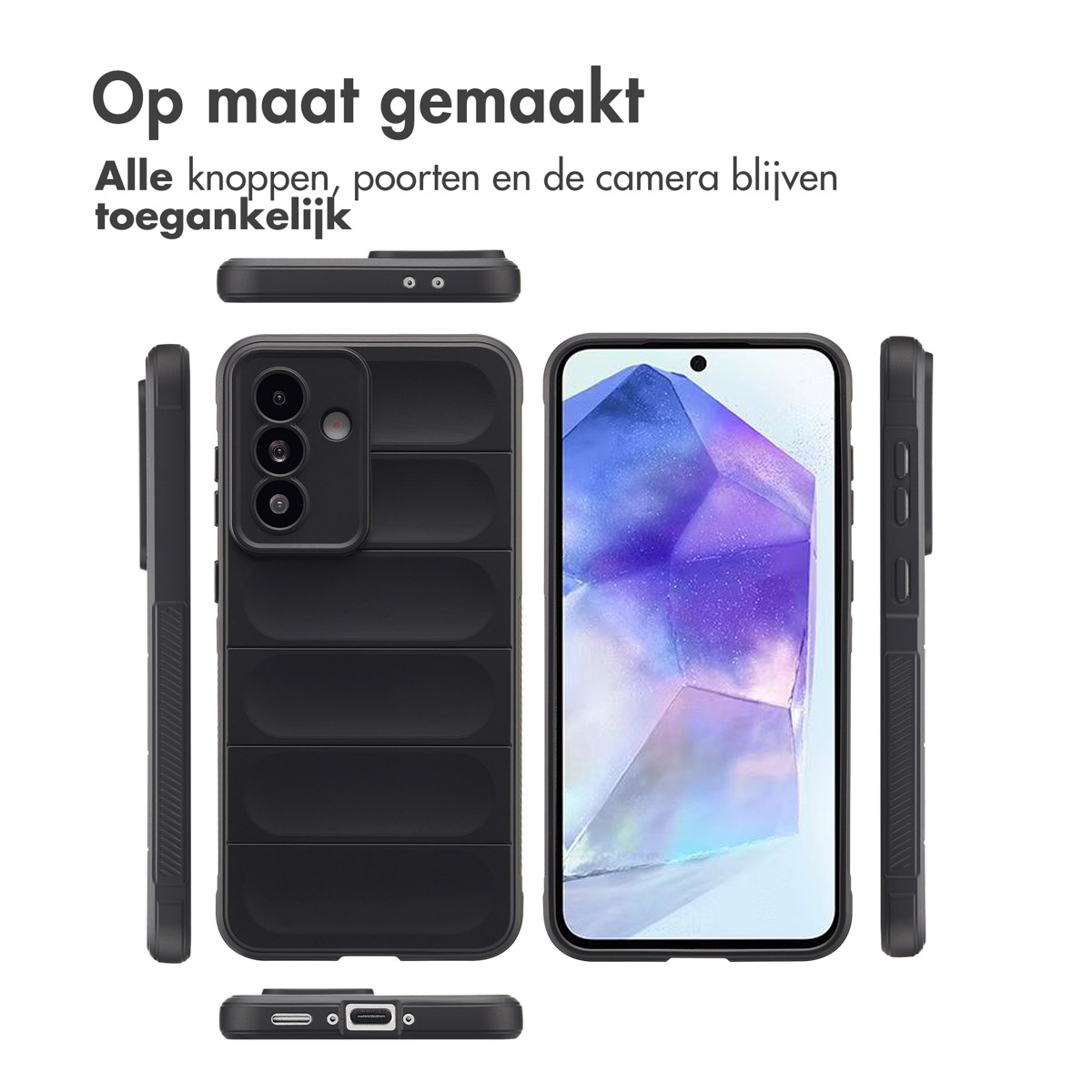 Zwarte telefoonhoescomponenten, voor-, achter- en zijaanzicht, met de tekst 'Op maat gemaakt'.