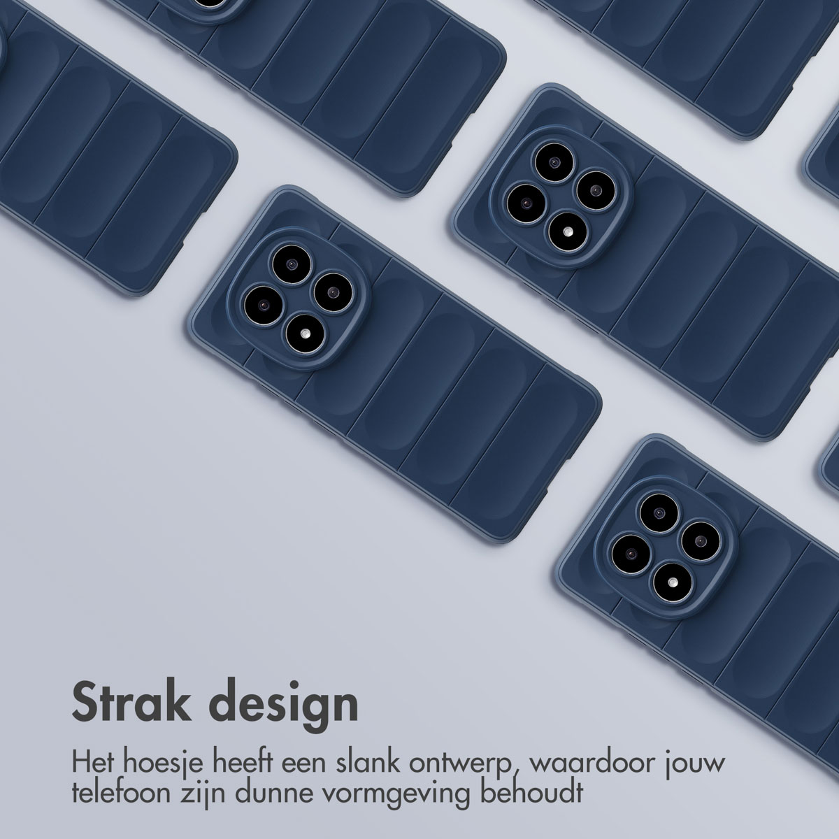 Telefoonhoesjes in een patroon. Hoesjes zijn blauw. Ze hebben een gestreept ontwerp. Grijze achtergrond.