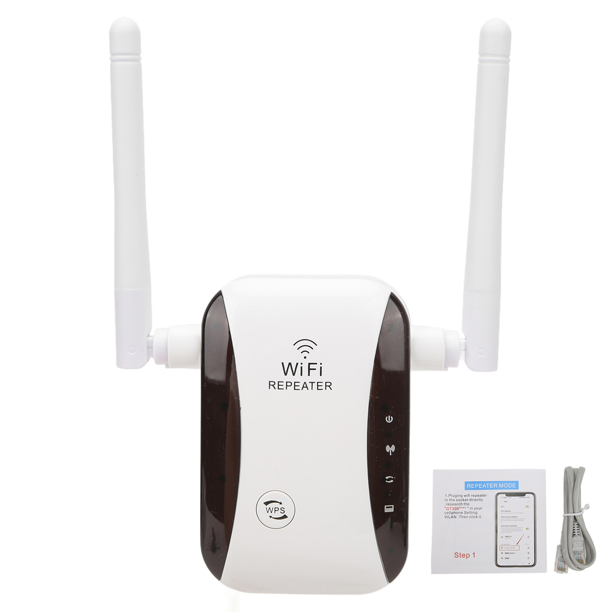 Weiß-brauner WLAN-Repeater mit Antennen und kleinem Handbuch mit Kabel.