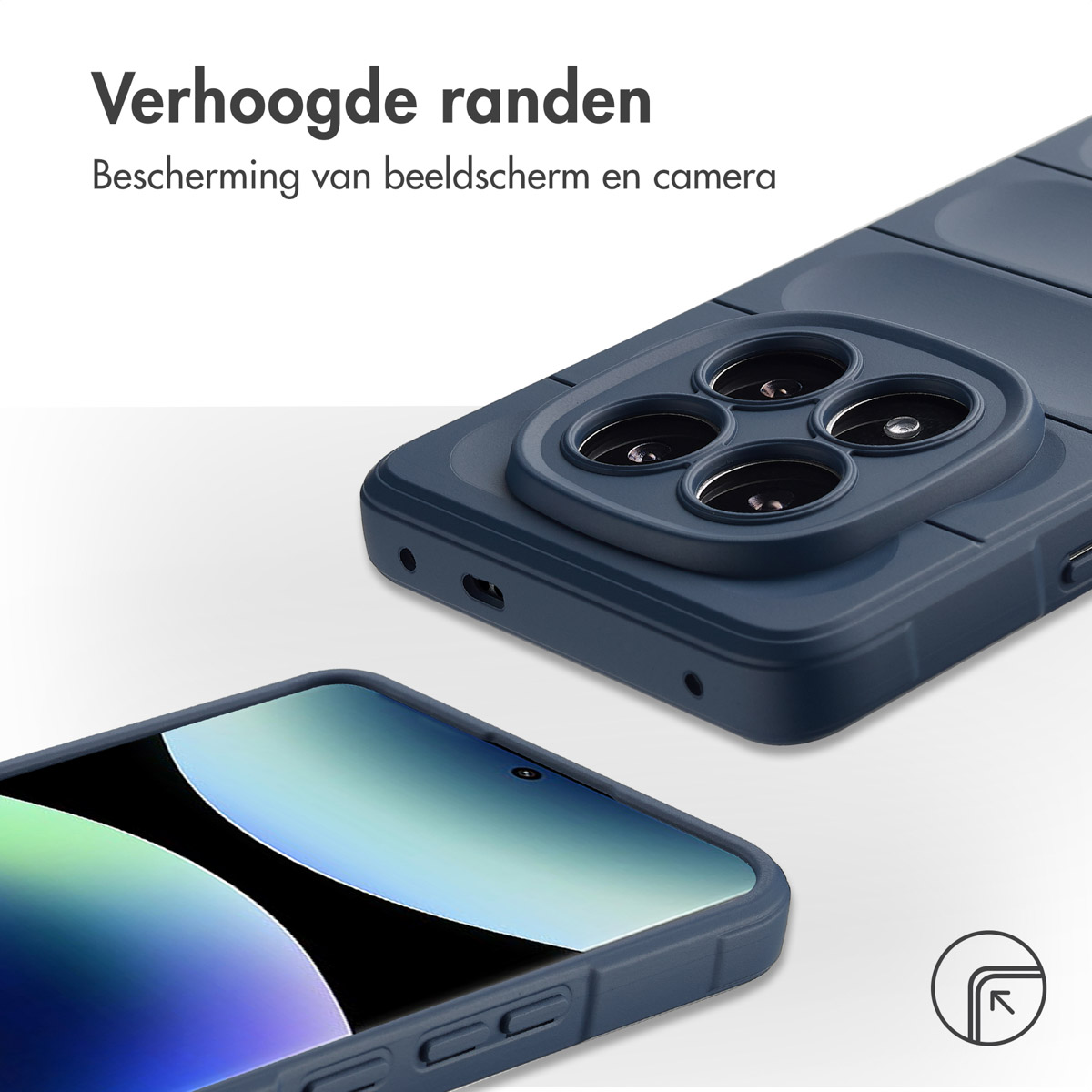 Close-up van een telefoonhoesje op een wit oppervlak, met de verhoogde randen.