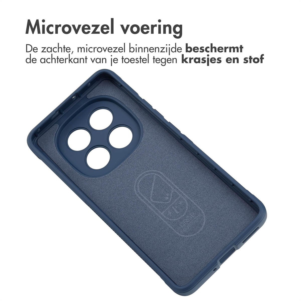 Blauw telefoonhoesje interieur. Nederlandse tekst: Microvezel voering. De achtergrond is wit.