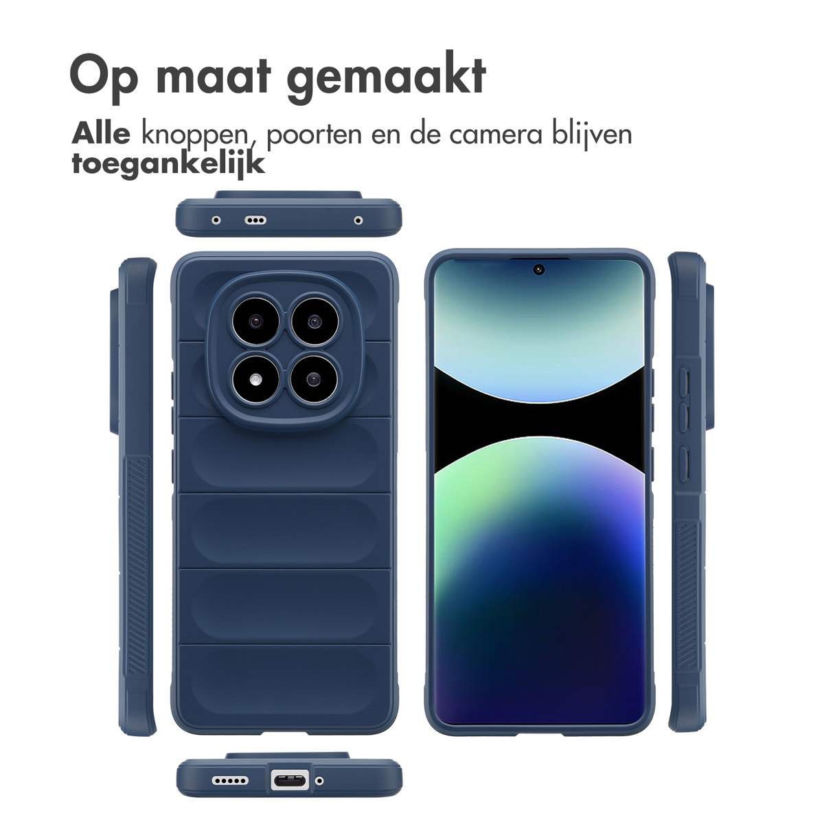 Donkerblauwe telefoonhoes met telefoon. Alle knoppen, poorten en de camera blijven toegankelijk. Meerdere hoeken.