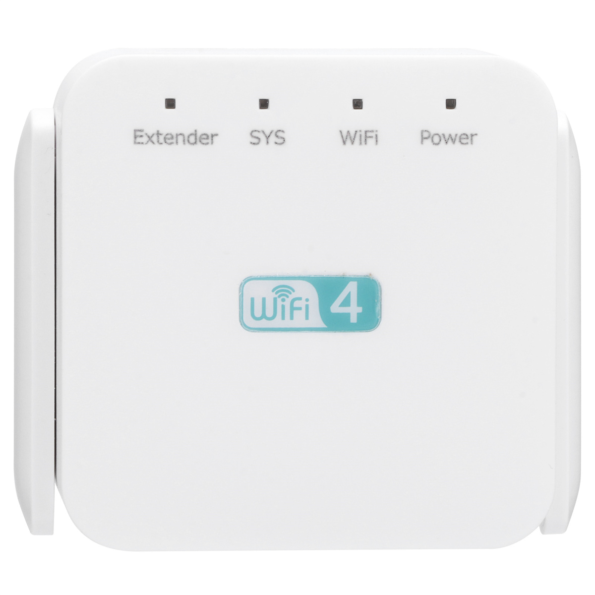 Weißer Wi-Fi-Extender mit vier Kontrollleuchten und einem Wi-Fi 4 Logo.