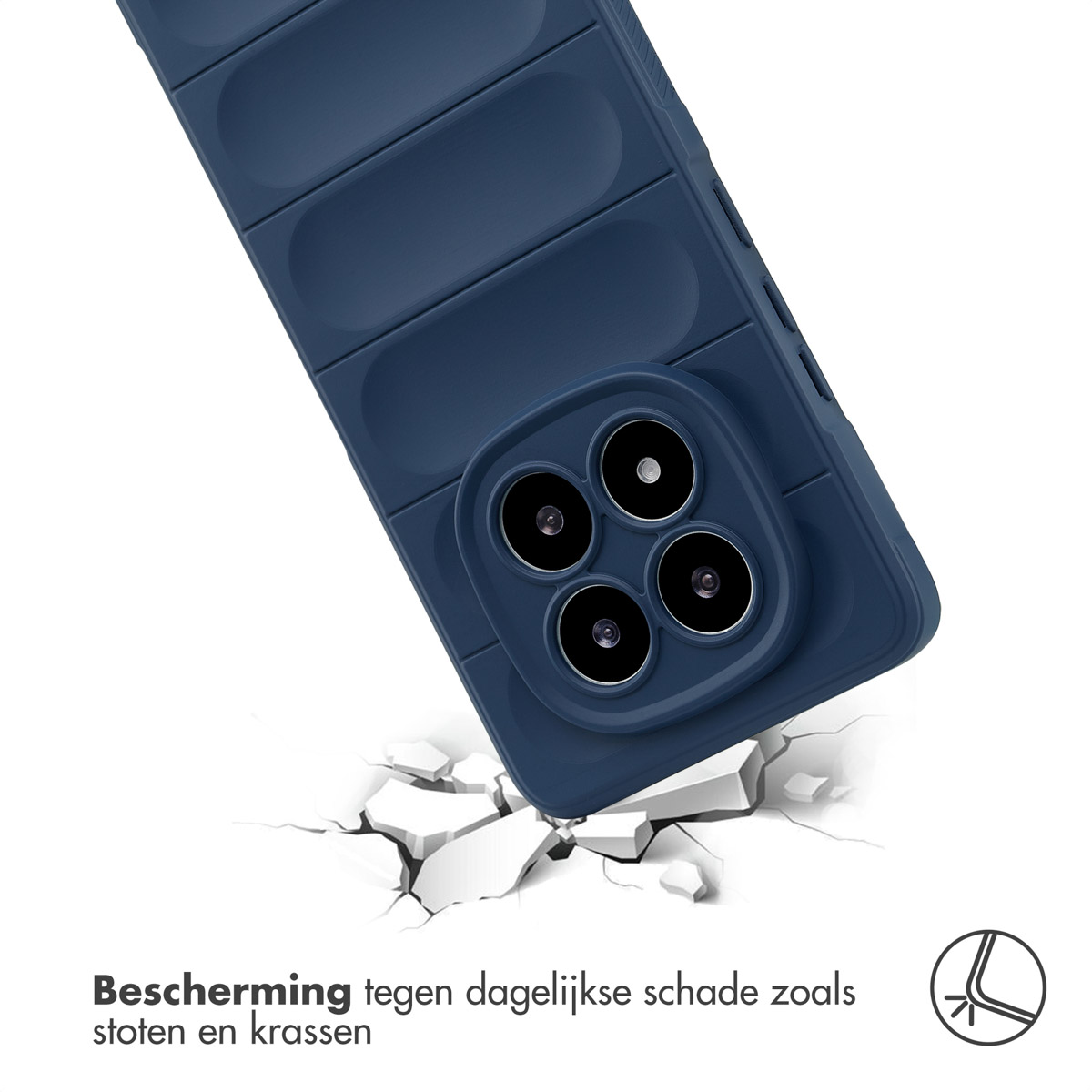 Blauwe telefoonhoes valt, met scheuren eronder. Bescherming tonen.