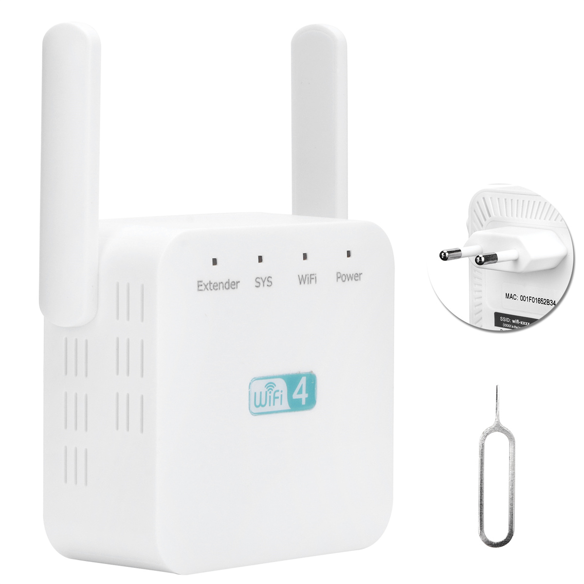 Weißer WLAN-Extender mit zwei Antennen, einem Stecker und einem SIM-Auswurfwerkzeug. Textbeschriftungen auf dem Gerät.