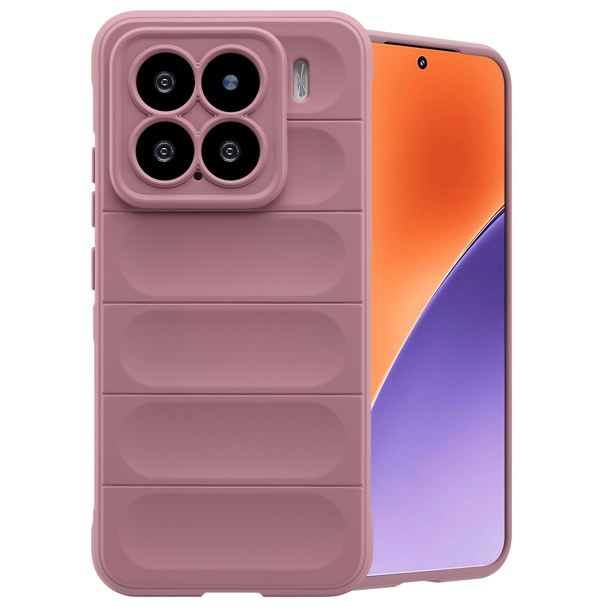 Mauve telefoonhoes met een uniek ontwerp, met de voor-, zij- en achterkant, met een telefoonscherm.
