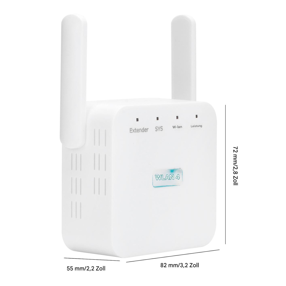 Weißer WLAN-Extender mit Abmessungen. Er hat zwei Antennen und Kontrollleuchten.