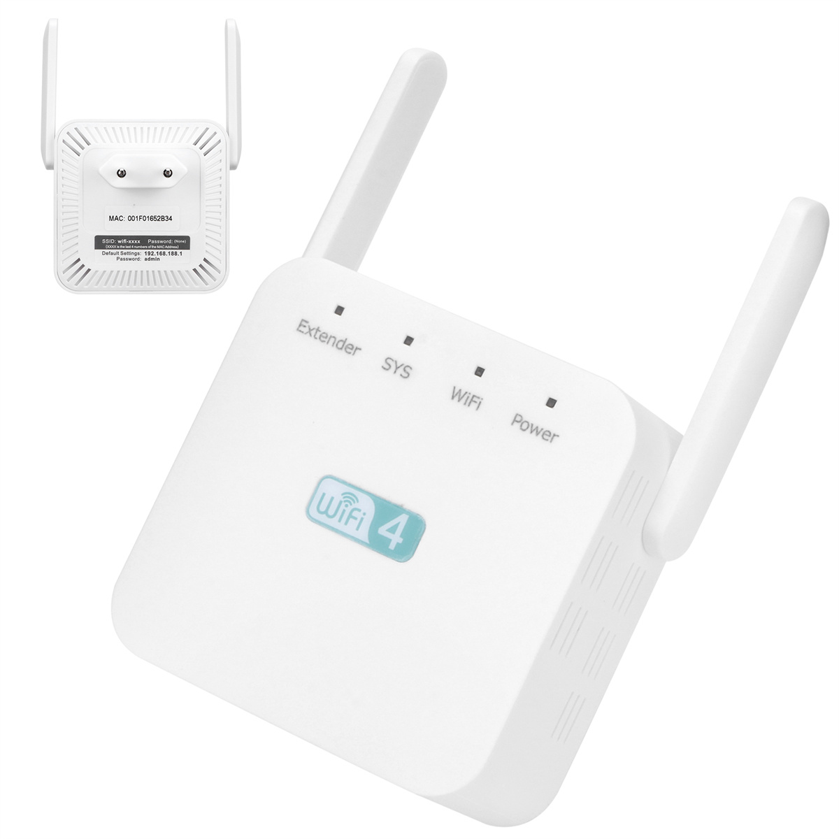 Weißer WLAN-Extender mit zwei Antennen. Beschriftet: Extender, SYS, WiFi, Power.