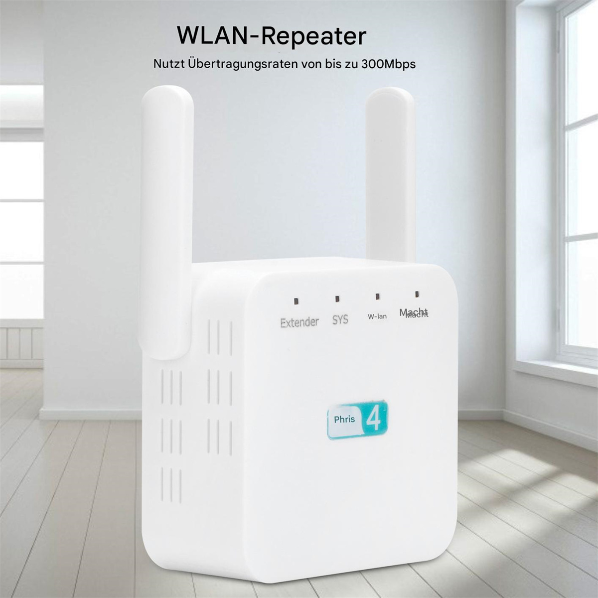 Weißer WLAN-Repeater mit zwei Antennen, in einem Raum.
