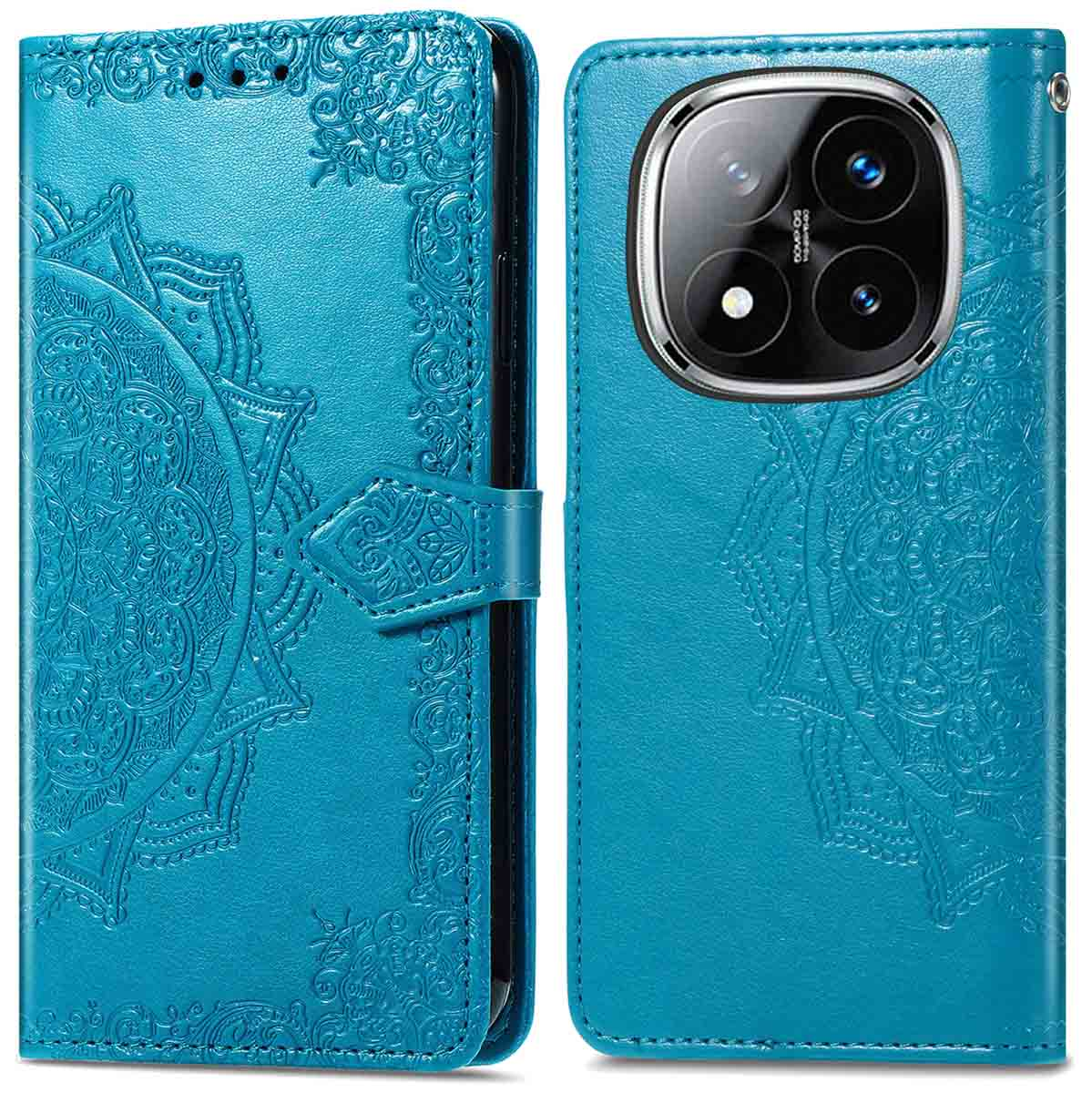 Blauw telefoonhoesje open met telefoon. Decoratief patroon op de case.