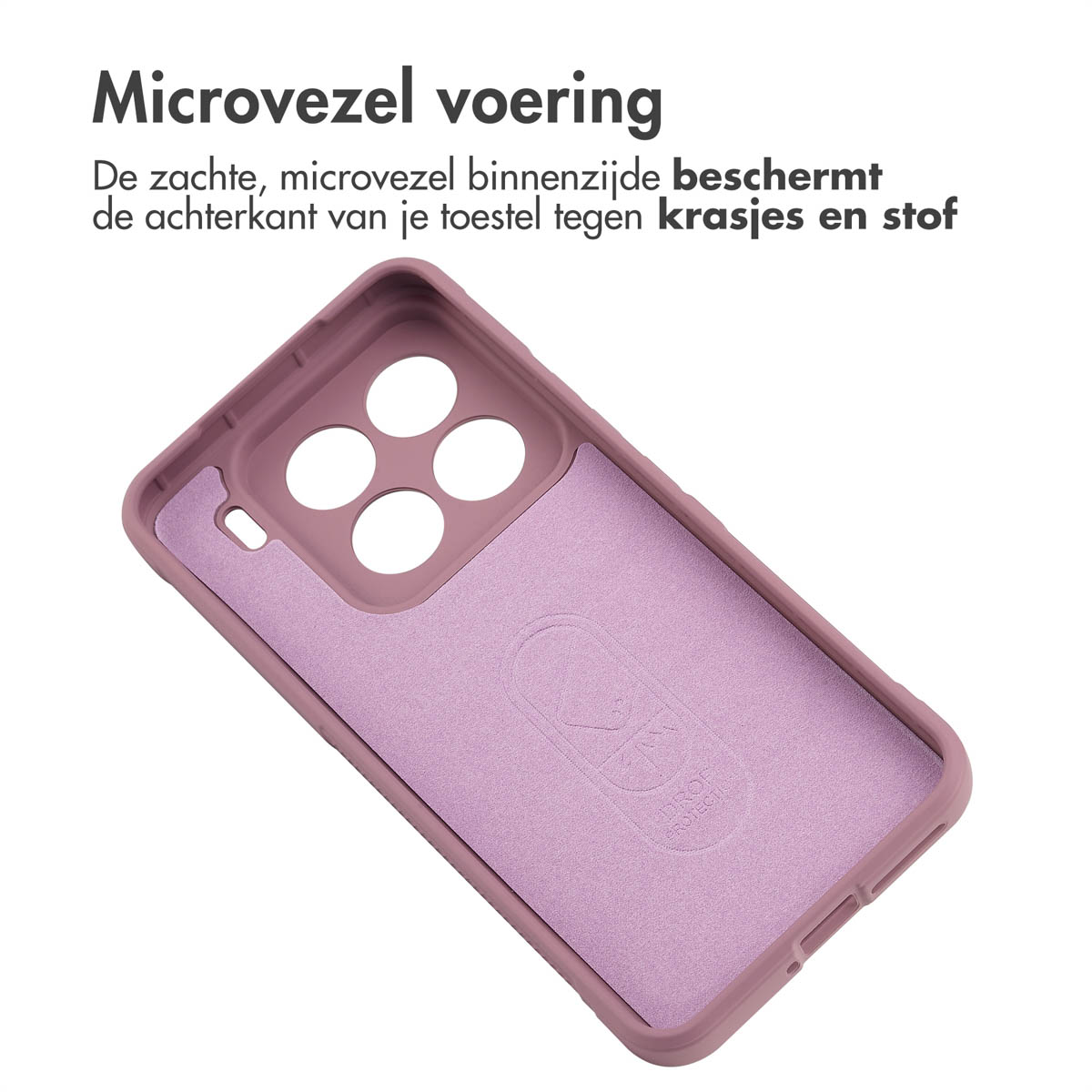 Paars interieur van een telefoonhoesje. De hoes is open. De binnenkant is zacht.