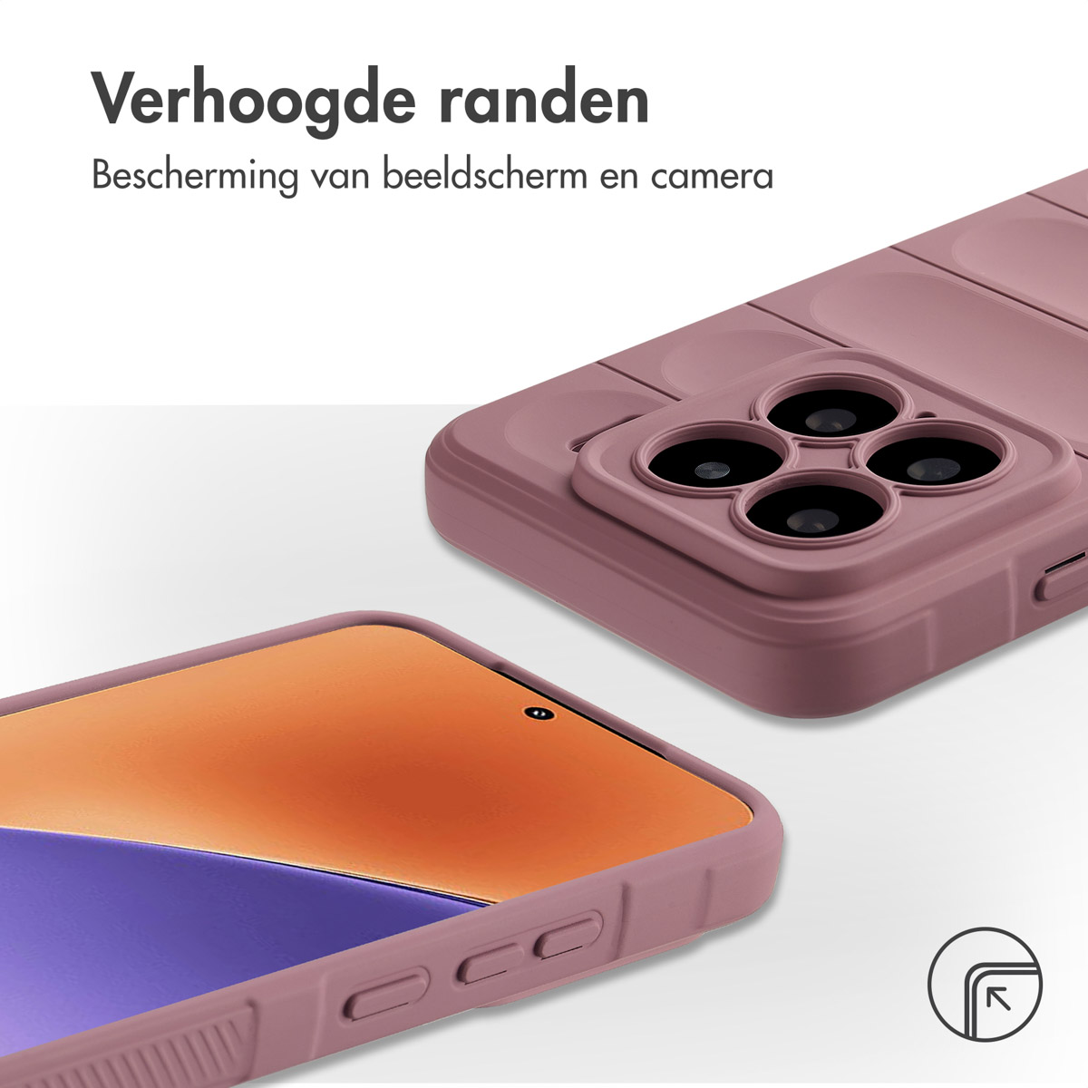 Roze telefoonhoesje met verhoogde randen. Nederlandse tekst: Bescherming van scherm en camera.
