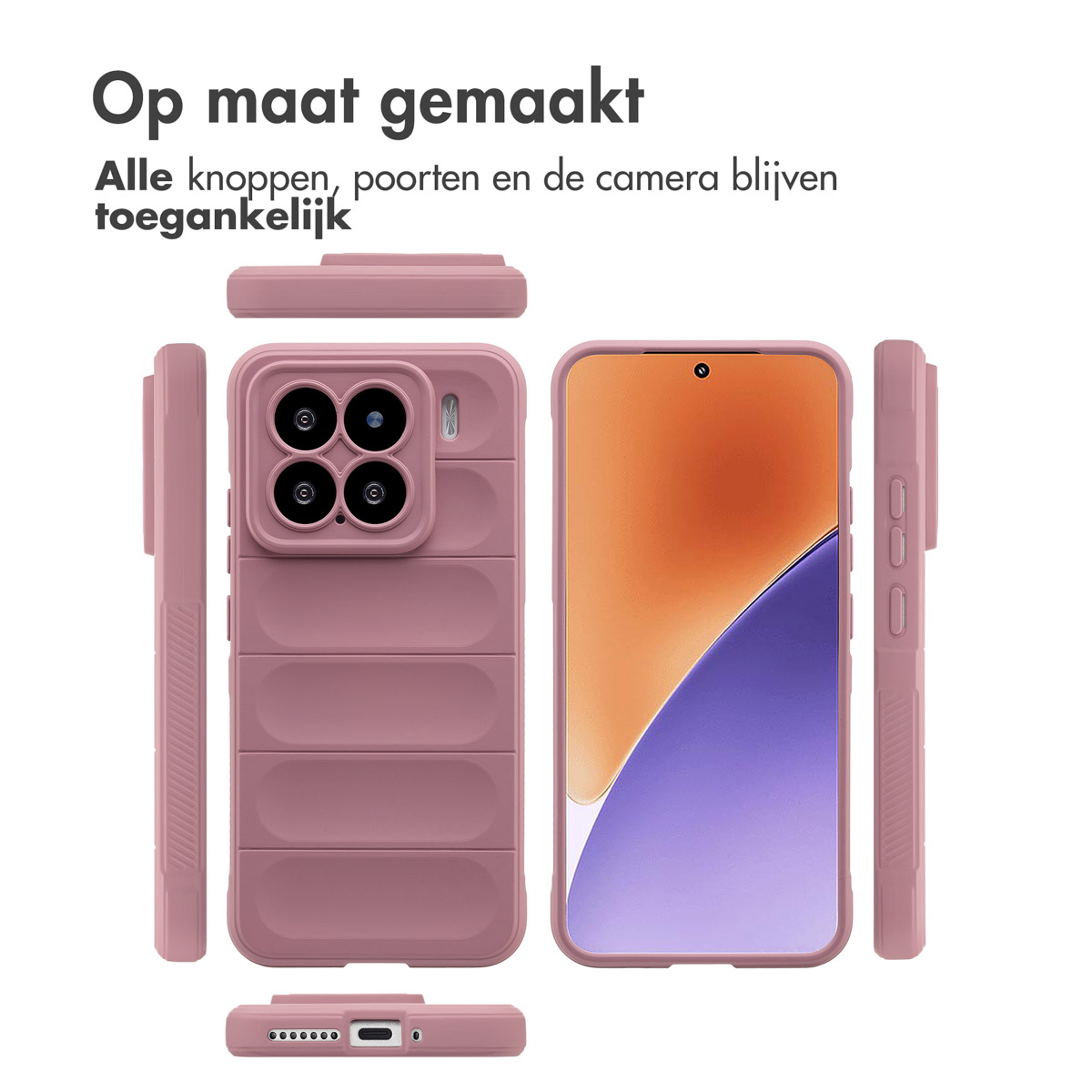 Roze telefoonhoesje met bijpassende telefoon. Meerdere weergaven van de hoes en telefoon worden weergegeven.