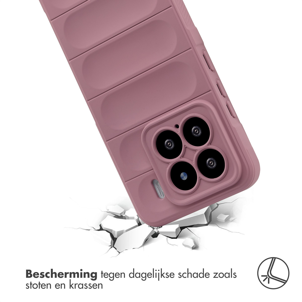 Roze telefoonhoes valt, met scheuren eronder. Bescherming tonen.