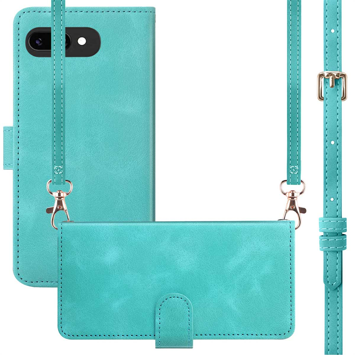 Teal telefoonhoesje met een riem. De hoes opent om de telefoon vast te houden. De riem heeft gouden hardware.