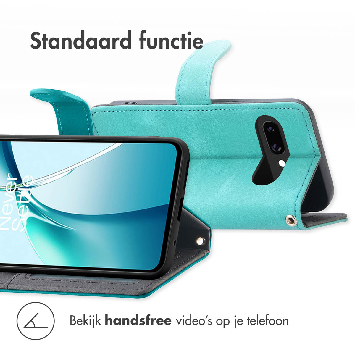 Telefoon in turquoise hoes, open. Text: Standaard functie. Bekijk handsfree video's op je telefoon.