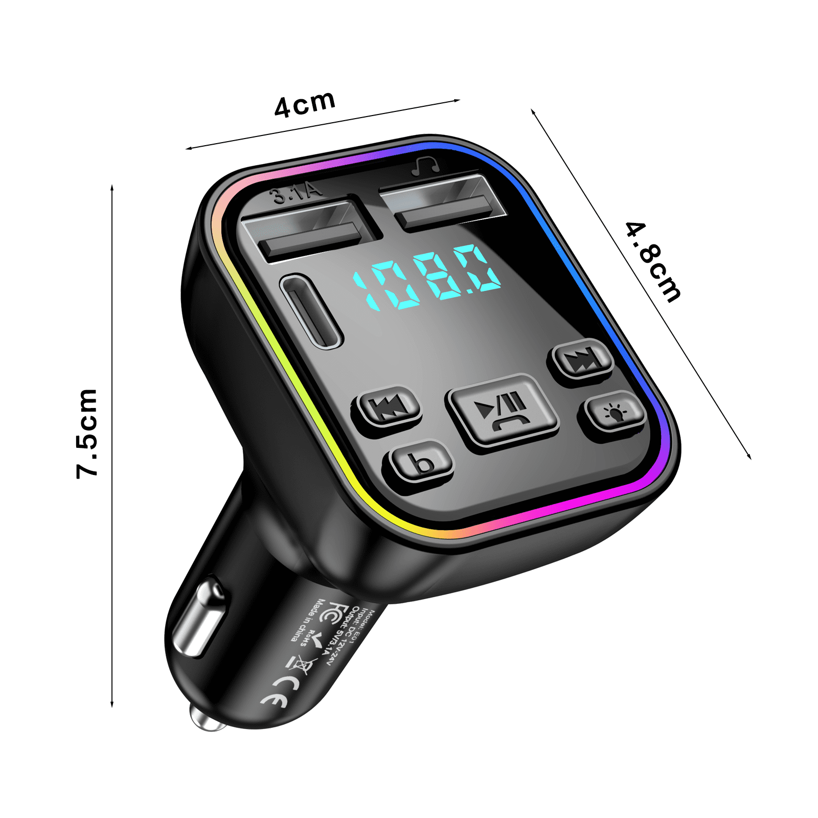 Ein schwarzer Autoladeadapter mit USB-Anschlüssen und Digitalanzeige.